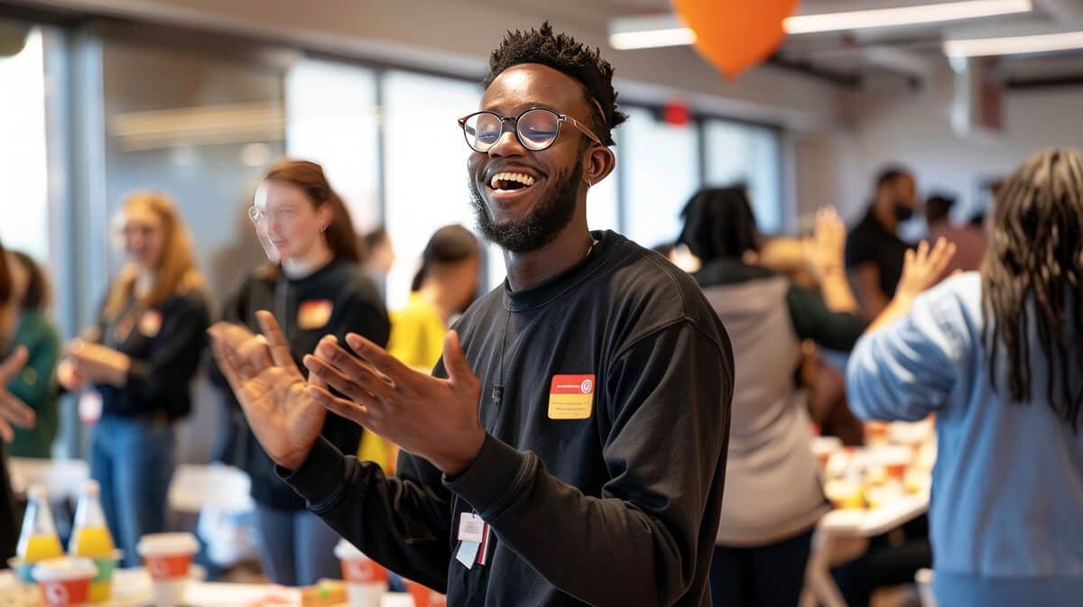 Black man clapping his hands in a workplace gathering. People in the background welcome high potential employees.