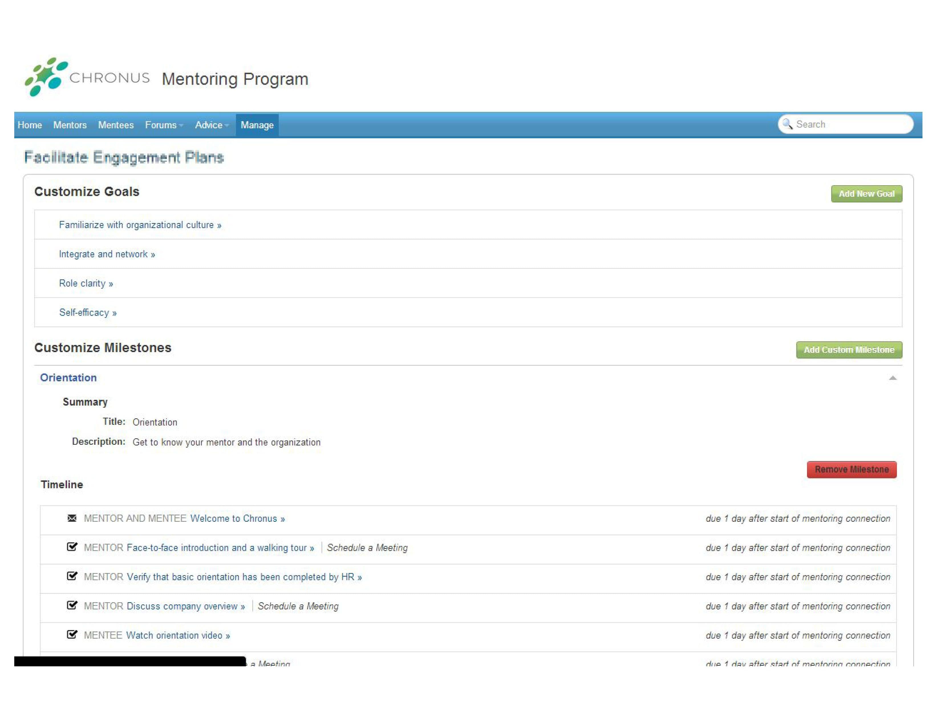 In the new Engagement Plan feature of Chronus Mentor software, administrators can create a mentoring program workflow by setting goals and progress milestones.